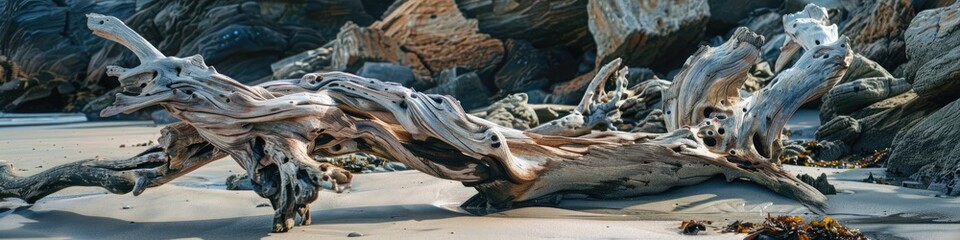 Poster - Weathered driftwood fragments dispersed and entwined on the shore, weathered and sun-bleached remnants brought in by the waves.