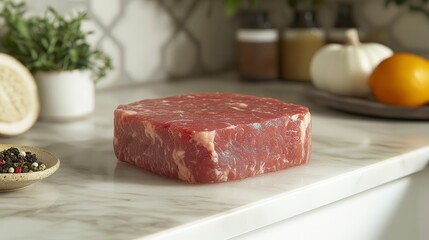 A raw marbled steak ready for cooking sits on a kitchen counter