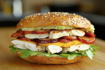 Wall Mural - tasty bagel sandwich with chicken and melted cheese and vegetables