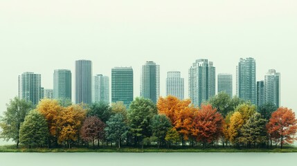 Wall Mural - A skyline of skyscrapers emerges from a vibrant autumnal forest