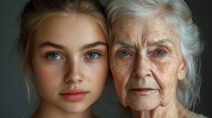 Young woman and her elderly mother take care of their skin and look great,Two generations,Beautiful middle aged mother and her adult daughter,skincare and Aging concept,Comparison of young and old.