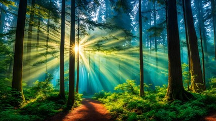 sunset in the forest, morning sunshine desktop wallpaper