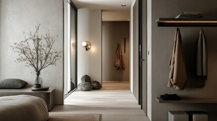 Poster - A hallway with artistic lighting fixtures, modern shelving, and a stylish coat rack.