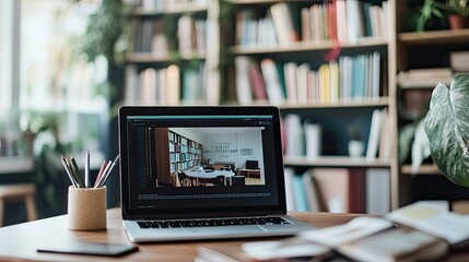 Poster - A laptop on a desk with a digital classroom displayed on the screen, representing online learning.