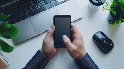 Professional businessman using smartphone in a modern office, close-up of hands, representing business technology, lifestyle, and communication, with a background of social media, web.