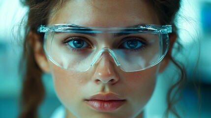 Poster - a woman wearing a pair of clear glasses with a blue tint