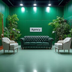 A minimalist waiting room with a leather couch and two armchairs the word Agency on the wall