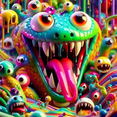 A Colorful Chaotic Jungle of Slithering Monsters and Glistening Eyes Ready to Captivate and Dazzle Anyone Who Stares Too Long.