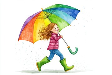 girl with a big smile and green rubber boots twirling under a rainbow-colored umbrella on a drizzly afternoon illustration