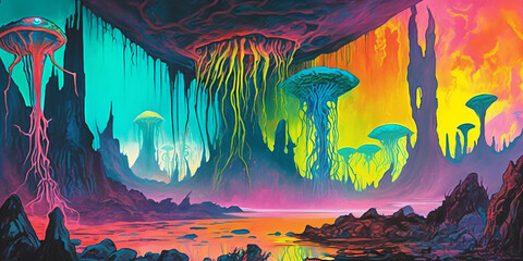 Alien fantasy landscape. Digital illustration.