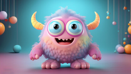 3d render cute and funny monster with pastel colors and creative space; concept art design of the fantasy world