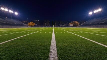 Wall Mural - A wide-angle view of a football field under stadium lights, with crisp white lines and goalposts.