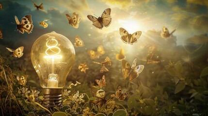 Wall Mural - Light Bulb Surrounded by Butterflies.