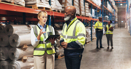 Poster - Business people, distributor and inventory with tablet for checking stock, distribution or logistics. Businessman, colleagues or employees with technology for supply chain or storage at warehouse