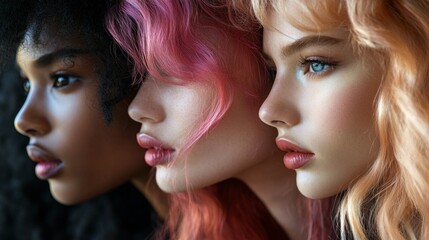 Three women with different hair colors and makeup styles