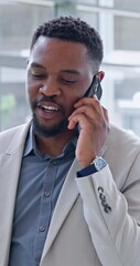 Poster - Office, walking and black man with phone call for discussion, networking and negotiation with client. Career, sales person and communication with mobile for deal, agreement and business with contact