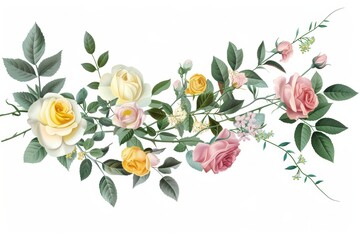 Colorful Sophisticated botanical branch adorned with pink and yellow roses, green foliage, and delicate garden wildflowers, vector illustration on white background