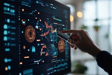 Poster - A high-tech scene where an individual uses a remote control to navigate complex, graphical data displayed on a large screen, representing digital interaction and modern technology.