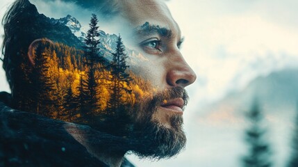 Poster - A man with a beard and glasses is looking out at a forest