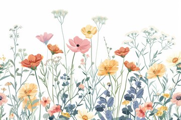 Elegant and colorful meadow wildflowers with leaves, in intricate line art style, featuring floral branches, vector illustration on white background