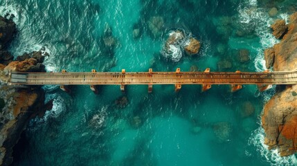 Sticker - Aerial View of Wooden Bridge Over Turquoise Ocean Waves