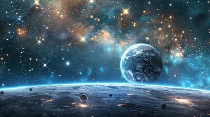 Sticker - futuristic space scene with planets and stars.