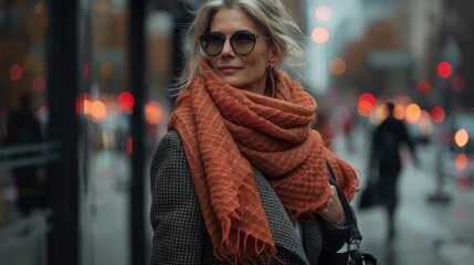 A middle-aged woman stands on a lively city street, wearing a fashionable coat and an orange scarf. She exudes elegance while stylish sunglasses and a handbag complement her look