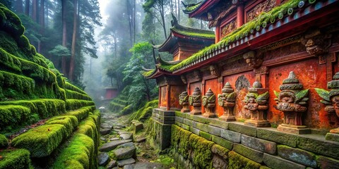 2. Vermilion-painted stone walls of an ancient temple, adorned with intricate carvings and moss, set against a misty forest background, a realistic photo image.