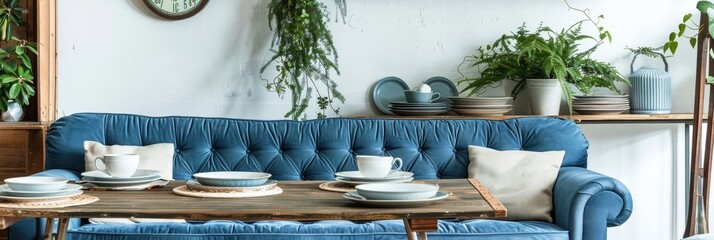 Sticker - Blue sofa beside wooden table adorned with plants in a rustic dining area featuring dishes on a light-colored wall.