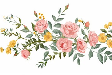 Vibrant botanical branch adorned with pink roses, yellow flowers, green foliage, and garden wildflowers, vector illustration on white background