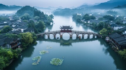 Wall Mural - Traditional Chinese Bridge Over Misty River