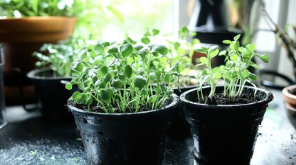 Vibrant green seedlings growing in black pots on a sunlit windowsill