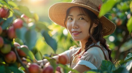 Poster - Woman Picking Ripe Fruit in Orchard