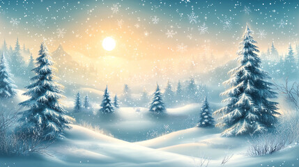 illustration of a christmas winter scene landscape in beautiful colors for a modern christmas greeti
