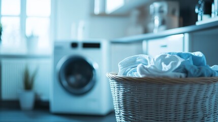 White laundry basket in front of a modern washing machine in a blurry background.