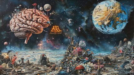 Wall Mural - surreal cosmic landscape with brain and cityscape.