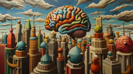 Wall Mural - cityscape with brain.