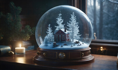 A snow globe sits on a wooden table with a lit candle beside it. The globe depicts a snow-covered village with a small red house and trees