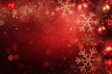 A red background with snowflakes and a red ball. The image has a festive and joyful mood, as it is a representation of the holiday season