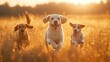 © Hardy - Picture three dogs running freely through a vast, golden meadow at sunset. A Labrador, a Beagle, and a Jack Russell Terrier dash across the tall grass, chasing each other playfully. The warm glow of t