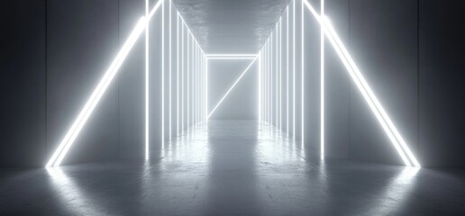 Poster - A futuristic sci-fi triangle white neon tube light glistens in an empty room with reflections