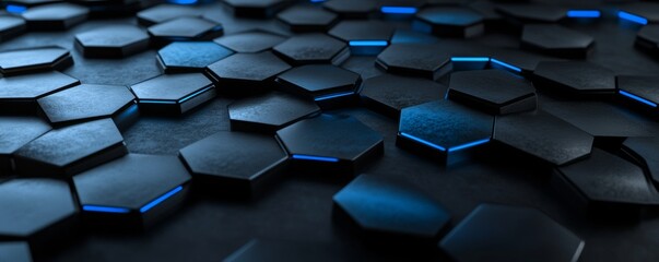 Poster - The pattern is black, blue, and orange hexagons rendered in 3D