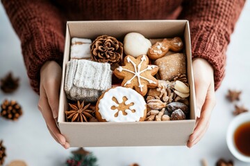 An assortment of festive cookies, nuts, and pinecones neatly arranged in a box, embodying the warmth and coziness of holiday baking and gift-giving traditions.