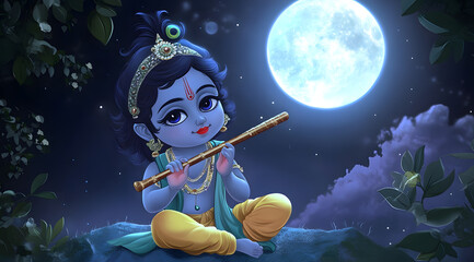 Wall Mural - A Cute Little Lord Krishna Playing a Flute While Sitting in a Serene Pose, Exuding a Sense of Peace and Devotion, with Traditional Indian Attire and Vibrant Colors, Perfect for Representing Hindu Cult