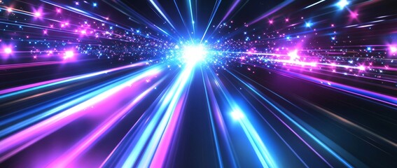 Poster - An abstract blue background with neon rays, flashes of light, faces, and lines. A cosmic abstract background.
