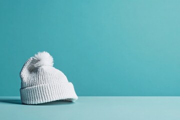 A cozy white knit hat with a fluffy pom-pom is displayed against a solid turquoise background, highlighting its texture and softness, suitable for winter fashion and warmth.