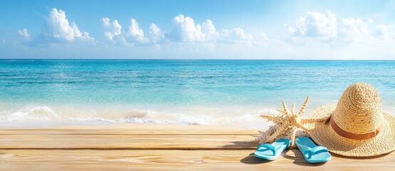 A tropical beach with sunbathing accessories against a summer holiday background