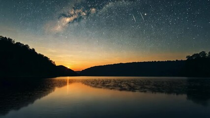 Wall Mural - Video footage of night scene captures the beauty of twilight at a lakeside