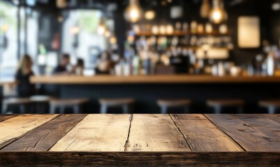 Backdrop of blurred bar and retro wooden desk with dark brown color