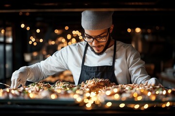 A chef in white uniform and apron garnishes festive dishes in a kitchen adorned with holiday lights, reflecting the dedication and artistry in preparing holiday meals.